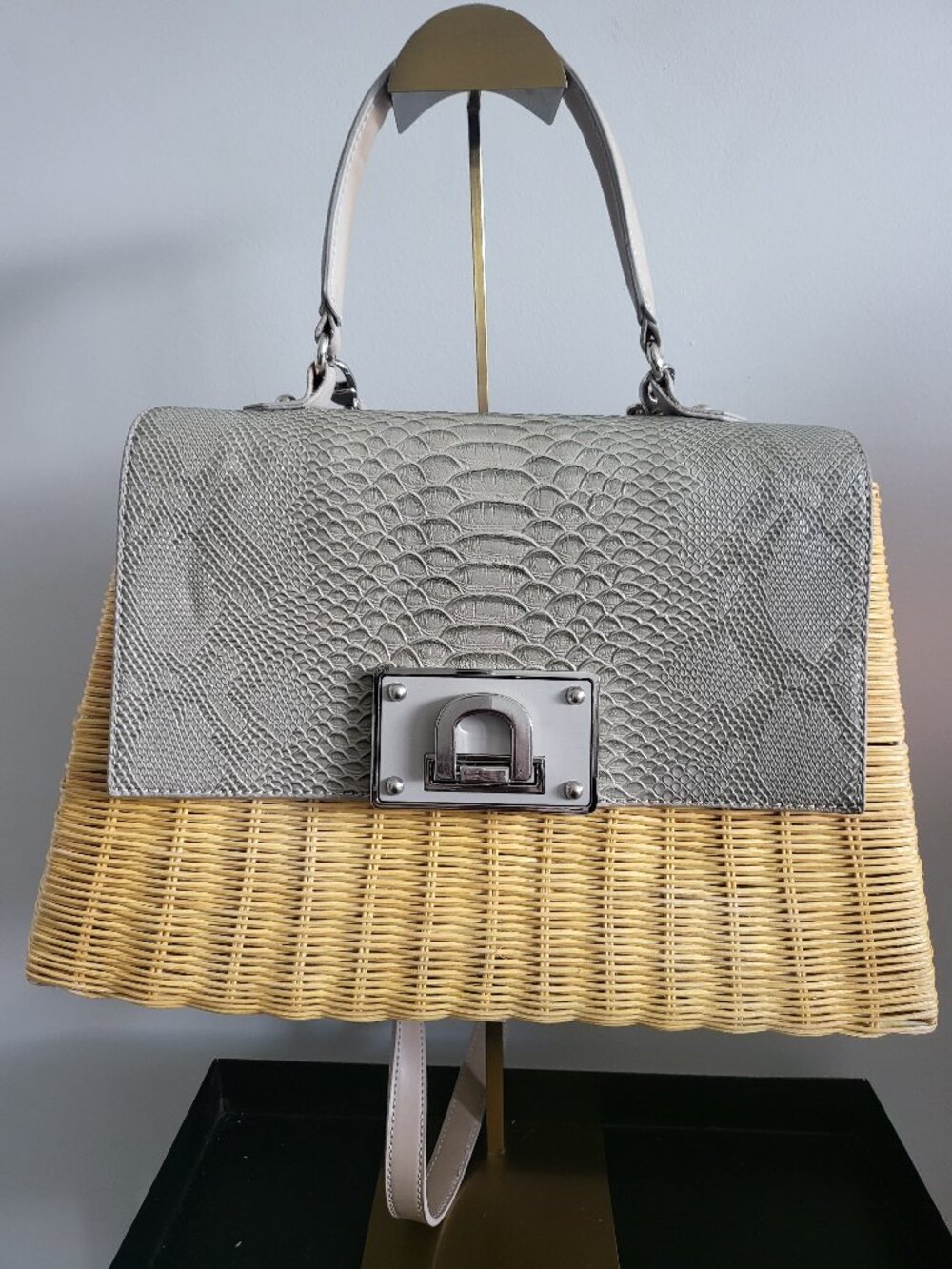 Kontessa Italian leather and wicker satchel featuring turnlock closure